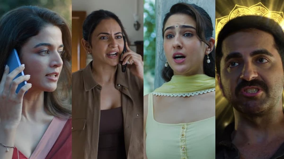 तीन हसीनाओं के जाल में फंसे आयुष्मान खुराना; 'पति पत्नी और वो दो' का धमाकेदार ट्रेलर आउट | Ayushmann Khurrana Wamiqa Gabbi Sara Ali Khan and Rakul Preet Singh starrer Pati Patni Aur Woh Do Trailer out