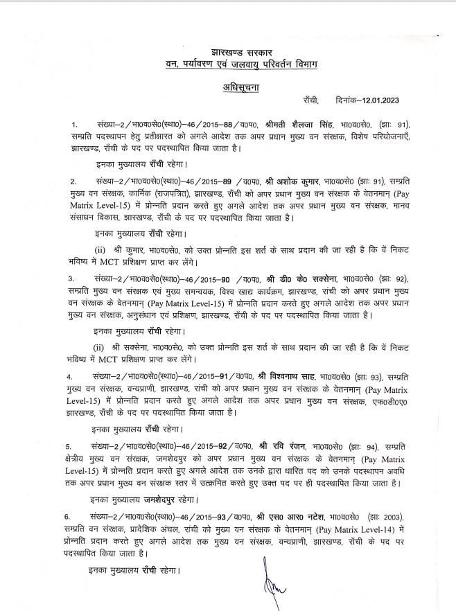 राज्य सरकार ने भारतीय वन सेवा के अधिकारियों का किया तबादला