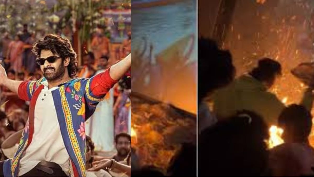 'द राजा साब' की स्क्रीनिंग के दौरान फैंस ने उतारी आरती, जलाए पटाखे, थिएटर में लगी आग; सामने आया वीडियो | The Raja Saab Release Chaos Fireworks during the screening caused a fire in the theater