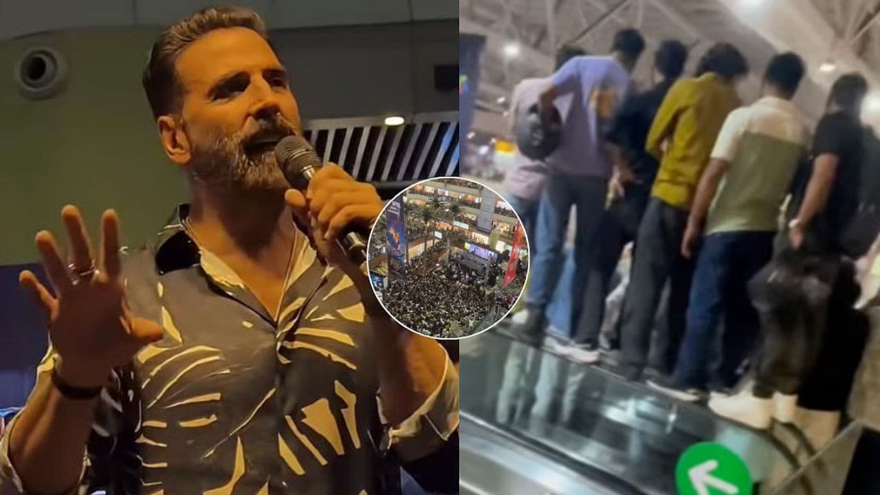 अक्षय कुमार हैरान! नोएडा मॉल में भूत बंगला प्रमोशन के दौरान उमड़ी भारी भीड़, फैंस एस्केलेटर की रेलिंग पर चढ़े; Video | Akshay Kumar stunned Huge crowd gathered at Noida Mall for Bhoot Bangla promotion Video