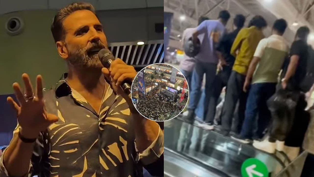 अक्षय कुमार हैरान! नोएडा मॉल में भूत बंगला प्रमोशन के दौरान उमड़ी भारी भीड़, फैंस एस्केलेटर की रेलिंग पर चढ़े; Video | Akshay Kumar stunned Huge crowd gathered at Noida Mall for Bhoot Bangla promotion Video